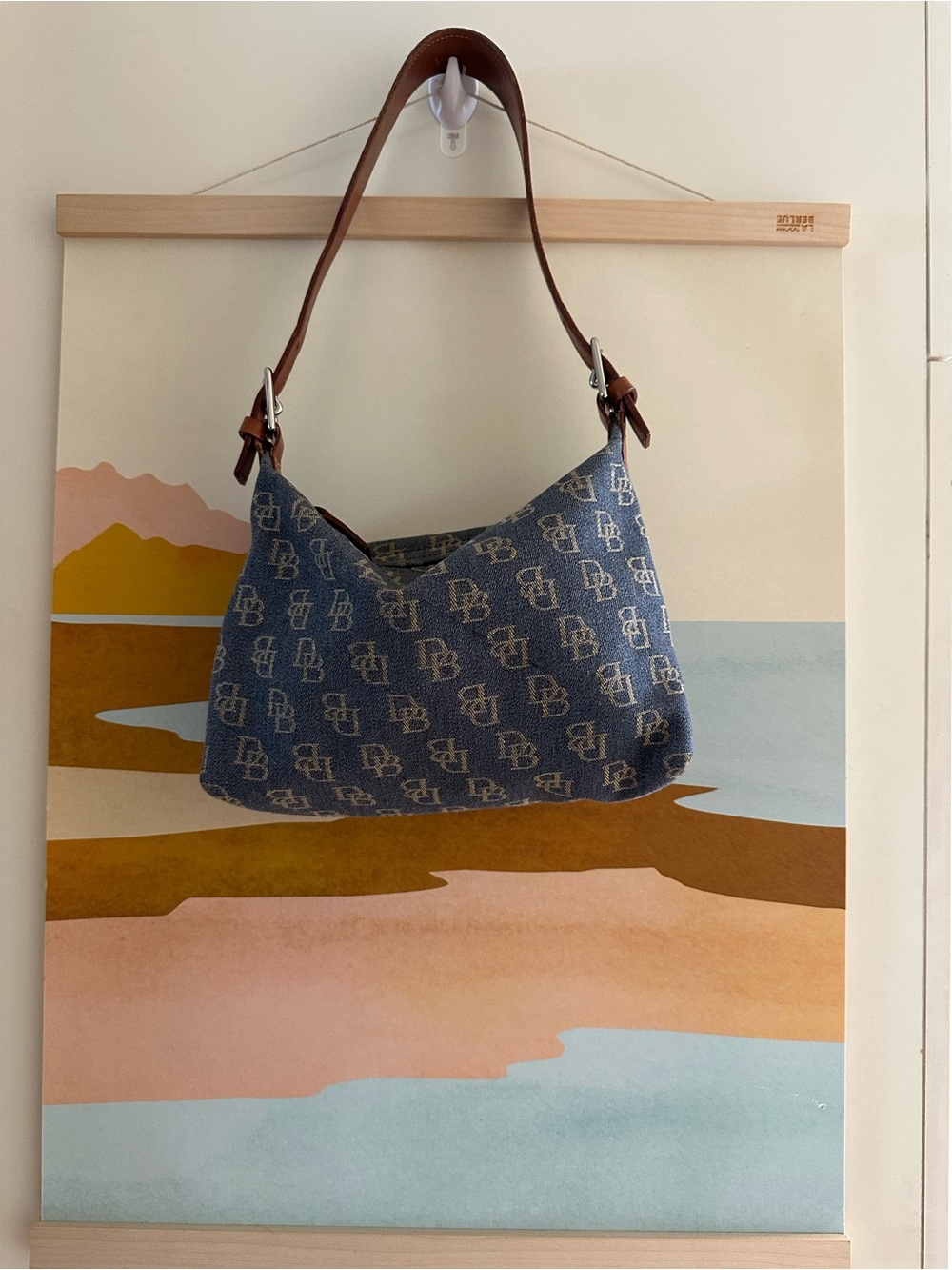 Dooney and Bourke Jacquard Shoulder Bag with Brown Leather Strap